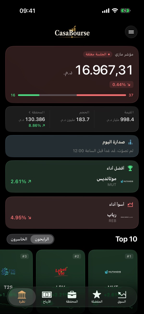 مؤشر مازي وأفضل الأسهم في تطبيق CasaBourse بالعربية