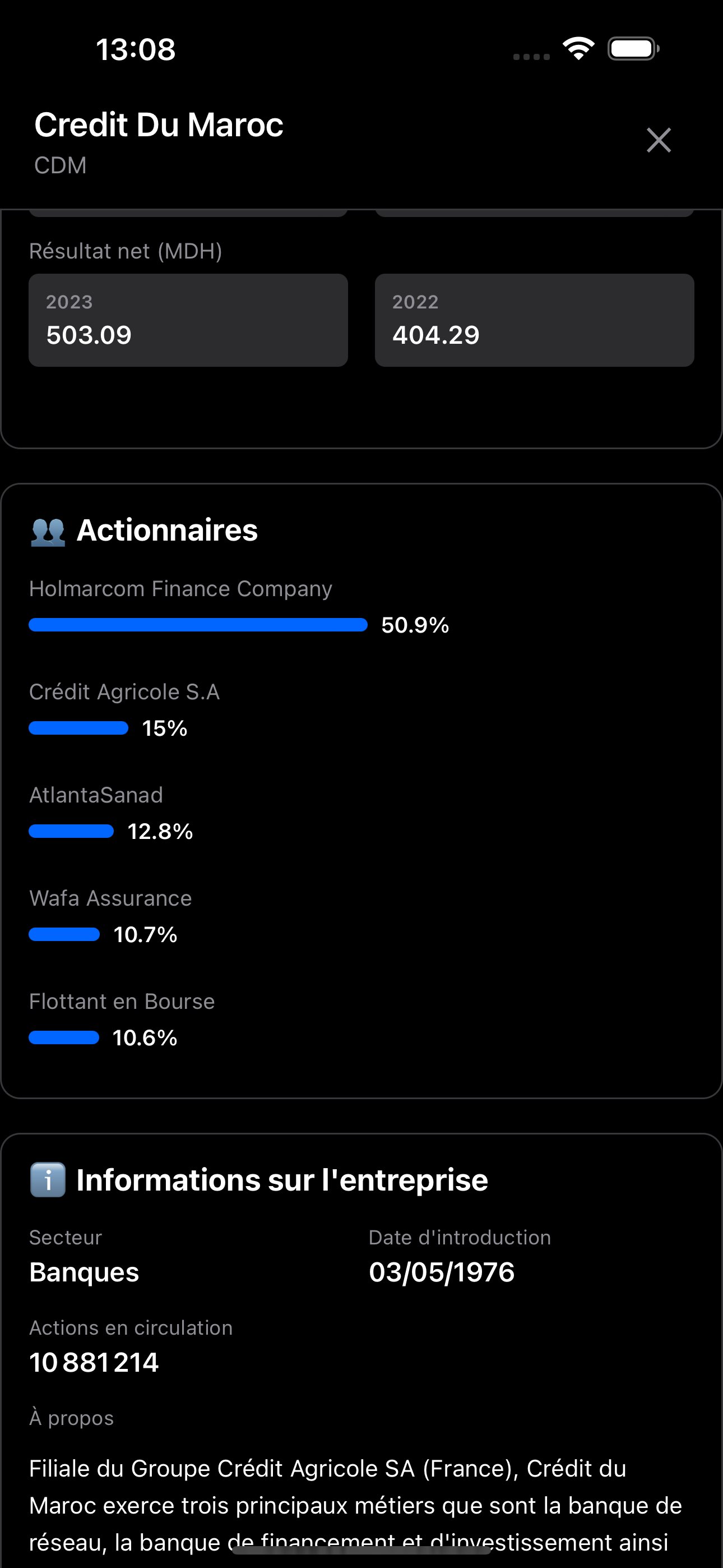 تطبيق بورصة الدار البيضاء آيفون - معلومات الشركات