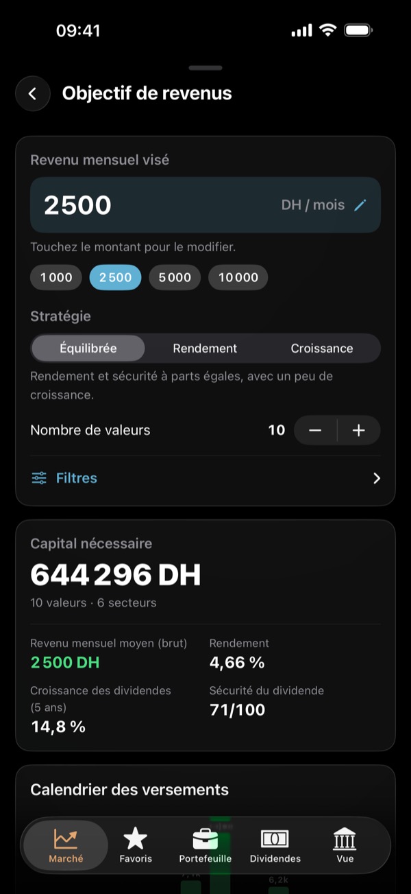 L'Objectif de revenus dans l'application CasaBourse